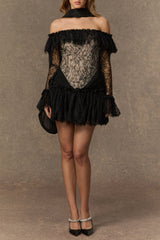 delia Black Off Shoulder Lace Corset Mini Dress