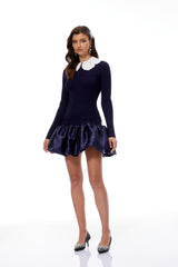 lorraine Navy Blue Satin Panel Knit Mini Dress