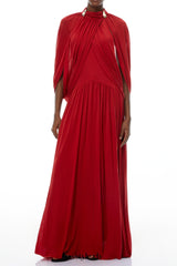 leona red Draped Cape Sleeve Knit Maxi Dress