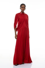 leona red Draped Cape Sleeve Knit Maxi Dress