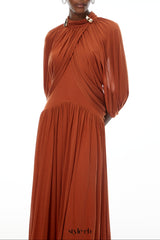 leona brown Draped Cape Sleeve Knit Maxi Dress