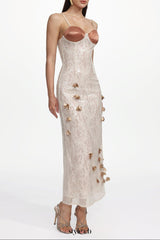 verna champagne Embellished Sleeveless Petal Sequin Lace Knit Maxi Dress