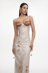 verna champagne Embellished Sleeveless Petal Sequin Lace Knit Maxi Dress