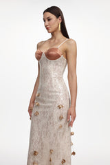 verna champagne Embellished Sleeveless Petal Sequin Lace Knit Maxi Dress