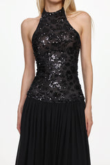 Encho Halter Ruched Mesh Sequin Maxi Dress