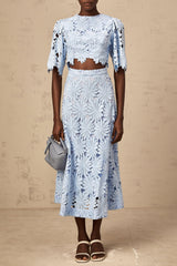 penny Openwork floral lace blouse maxi skirt set - blue