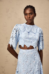 penny Openwork floral lace blouse maxi skirt set - blue