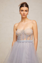 madeline grey embellished puff tulle mini dress