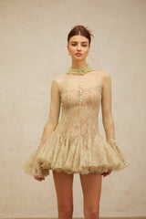 Green Embroidered Flared Mini Dress