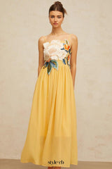 joann Appliqué Camellia Floral Maxi Dress in yellow