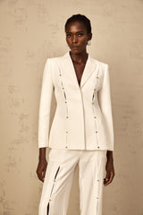 theresa diamond studded hollow out blazer set in white