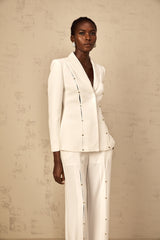 theresa diamond studded hollow out blazer set in white