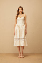 kimberley Neutral Lace Trim Floral Midi Dress in white
