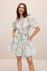 kimberley Floral Print Puff Sleeve white Mini Dress