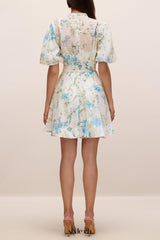 kimberley Floral Print Puff Sleeve white Mini Dress