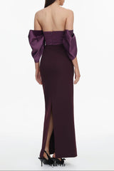 Sareka Off Shoulder Pleated Satin Maxi Dress