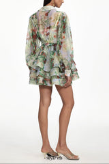 Delly green Long Sleeve Floral Print Ruffle Woven Mini Dress