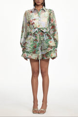 Delly green Long Sleeve Floral Print Ruffle Woven Mini Dress