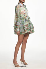 Delly green Long Sleeve Floral Print Ruffle Woven Mini Dress
