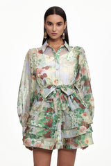 Delly green Long Sleeve Floral Print Ruffle Woven Mini Dress