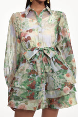 Delly green Long Sleeve Floral Print Ruffle Woven Mini Dress