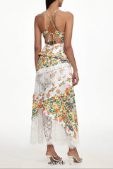 georgia Flowy V Neck Floral Print Lace Woven Maxi Dress