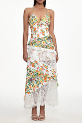 georgia Flowy V Neck Floral Print Lace Woven Maxi Dress