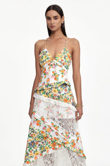 georgia Flowy V Neck Floral Print Lace Woven Maxi Dress