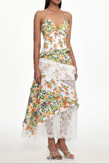 georgia Flowy V Neck Floral Print Lace Woven Maxi Dress