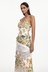 georgia Flowy V Neck Floral Print Lace Woven Maxi Dress