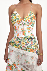 georgia Flowy V Neck Floral Print Lace Woven Maxi Dress