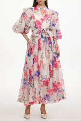 Julim Short Sleeve Ruffle Floral Print Woven Maxi Dress