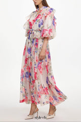 Julim Short Sleeve Ruffle Floral Print Woven Maxi Dress