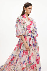 Julim Short Sleeve Ruffle Floral Print Woven Maxi Dress