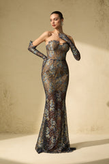 Shnovia Blue Strapless Embroidered Lace Maxi Dress With Gloves
