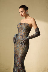 Shnovia Blue Strapless Embroidered Lace Maxi Dress With Gloves