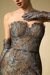 Shnovia Blue Strapless Embroidered Lace Maxi Dress With Gloves