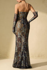 Shnovia Blue Strapless Embroidered Lace Maxi Dress With Gloves