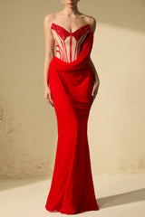 molly Red Corset Bodice Draped Maxi Dress