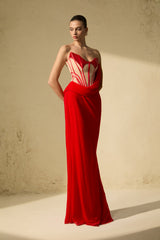 molly Red Corset Bodice Draped Maxi Dress