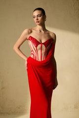 molly Red Corset Bodice Draped Maxi Dress