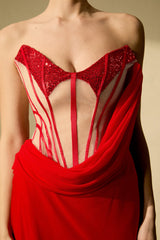 molly Red Corset Bodice Draped Maxi Dress