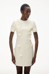 Ivory Round Neck Mini Dress with Floral Applique