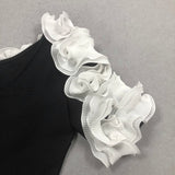 white flower embellished strapless black midi dress