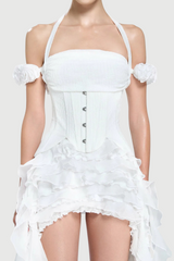 elva halter three-dimensional flower irregular tassel mini dress in white