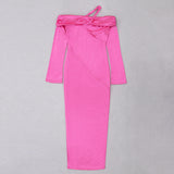 OFF-SHOULDER SATIN COCKTAIL DRESS IN HOT PINK