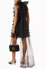 poppy Ruffle Silk Organza sleeveless Mini Dress in black