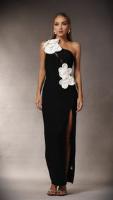 black heloise Flowers Slit One Shoulder Bandage Maxi Dress