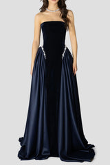 samantha Dark Blue Pearls Embroidered strapless maxi Dress