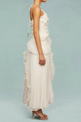 alva Sleeveless Folds Slit Maxi Dress in light white